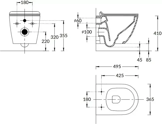 Унитаз Sfera подвесной безободковый с крепежом, белый глянцевый